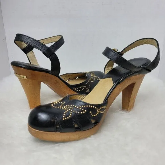 Michael Kors Black Leather Studded Mary Jane Wooden Heels Shoes 8.5 M