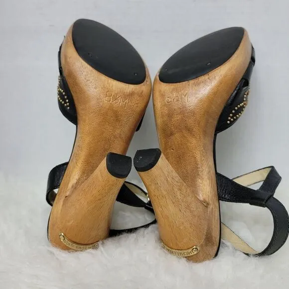 Michael Kors Black Leather Studded Mary Jane Wooden Heels Shoes 8.5 M