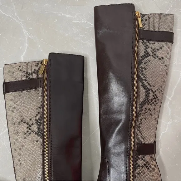 Michael Kors Brown Leather Snake Print Tall Boots