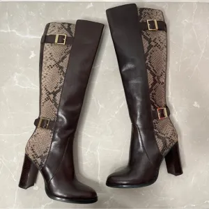 Michael Kors Brown Leather Snake Print Tall Boots