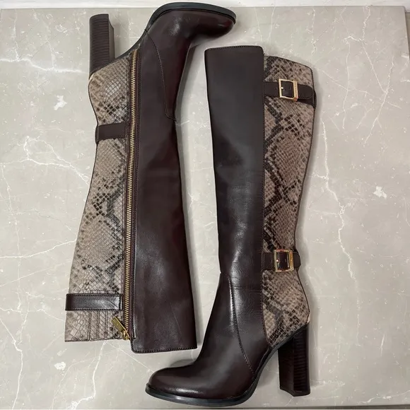 Michael Kors Brown Leather Snake Print Tall Boots