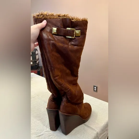 Michael Kors Calista Tall Wedge Wide Calf Soft Leather Brown Boots