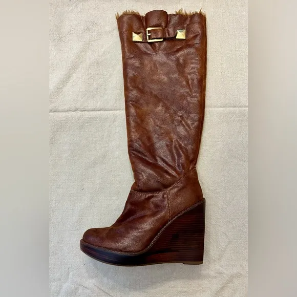 Michael Kors Calista Tall Wedge Wide Calf Soft Leather Brown Boots