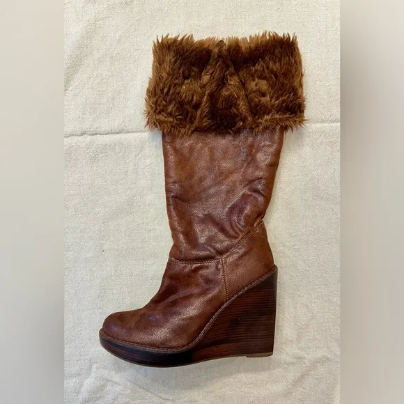 Michael Kors Calista Tall Wedge Wide Calf Soft Leather Brown Boots