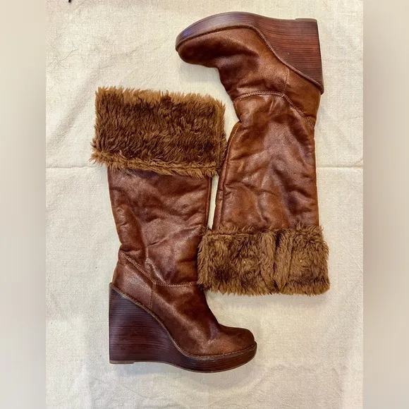 Michael Kors Calista Tall Wedge Wide Calf Soft Leather Brown Boots