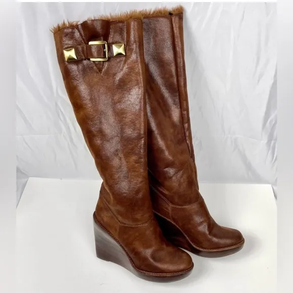 Michael Kors Calista Tall Wedge Wide Calf Soft Leather Brown Boots