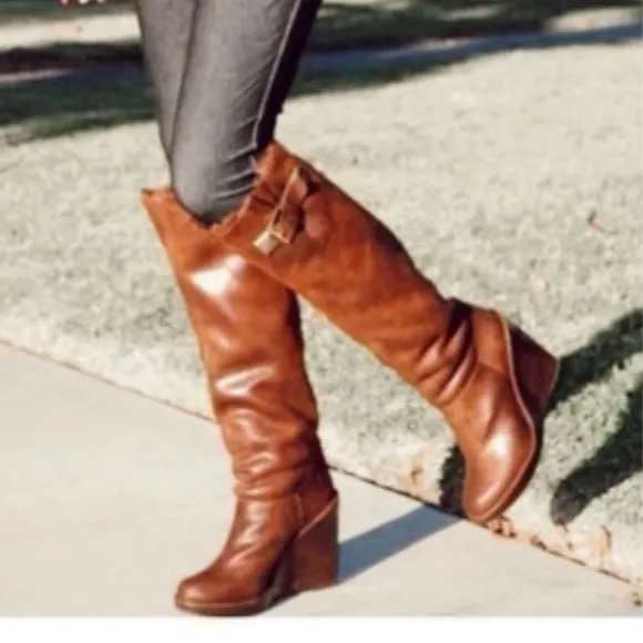 Michael Kors Calista Tall Wedge Wide Calf Soft Leather Brown Boots
