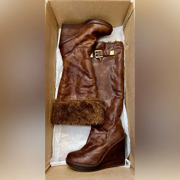 Michael Kors Calista Tall Wedge Wide Calf Soft Leather Brown Boots