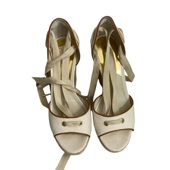Michael kors cream beige canvas platform peep hole open toe shoes high heels