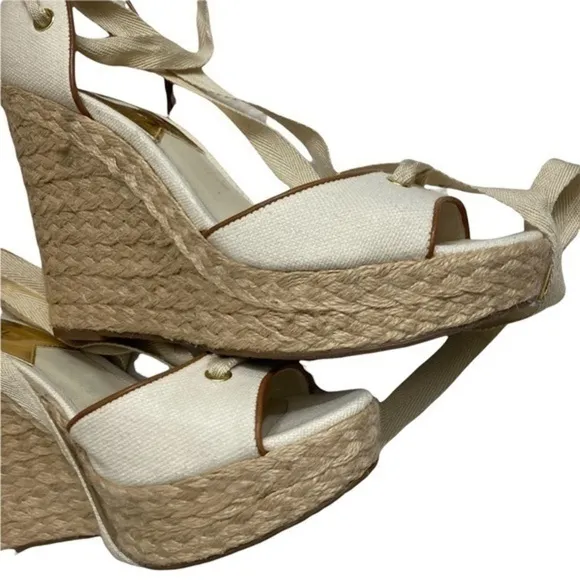Michael kors cream beige canvas platform peep hole open toe shoes high heels