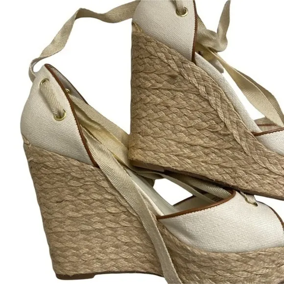 Michael kors cream beige canvas platform peep hole open toe shoes high heels