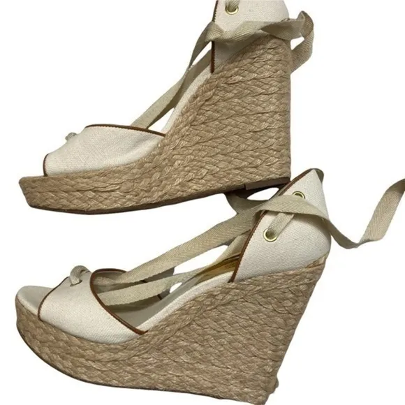Michael kors cream beige canvas platform peep hole open toe shoes high heels