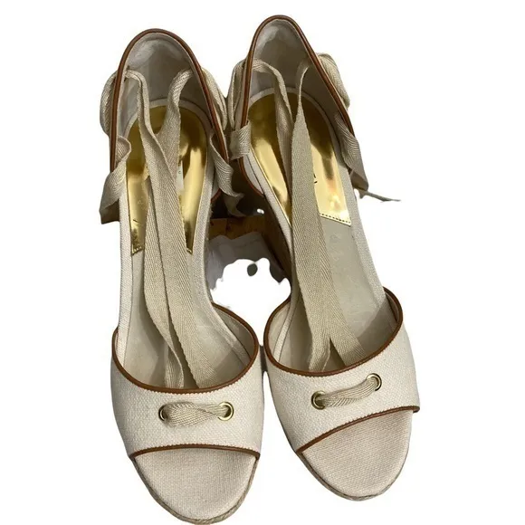 Michael kors cream beige canvas platform peep hole open toe shoes high heels
