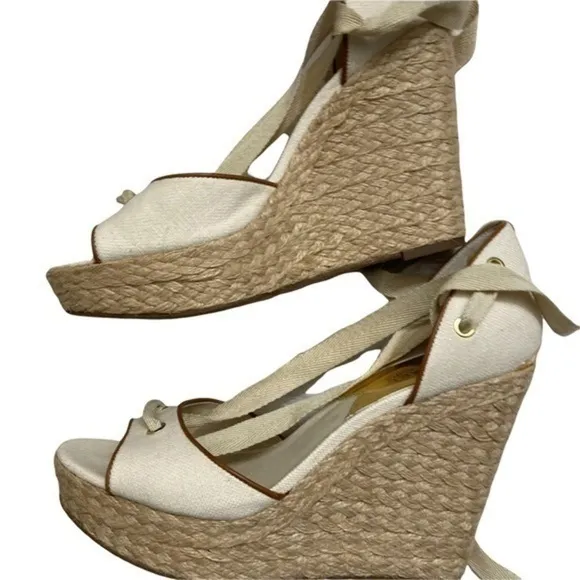 Michael kors cream beige canvas platform peep hole open toe shoes high heels