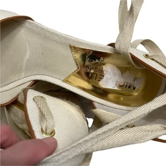 Michael kors cream beige canvas platform peep hole open toe shoes high heels
