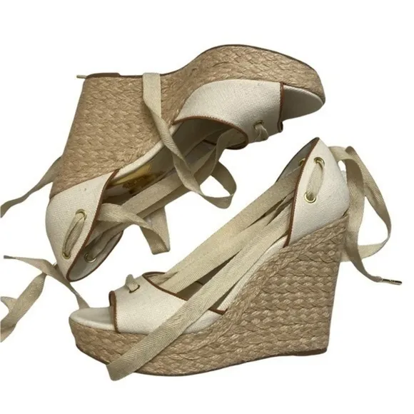 Michael kors cream beige canvas platform peep hole open toe shoes high heels