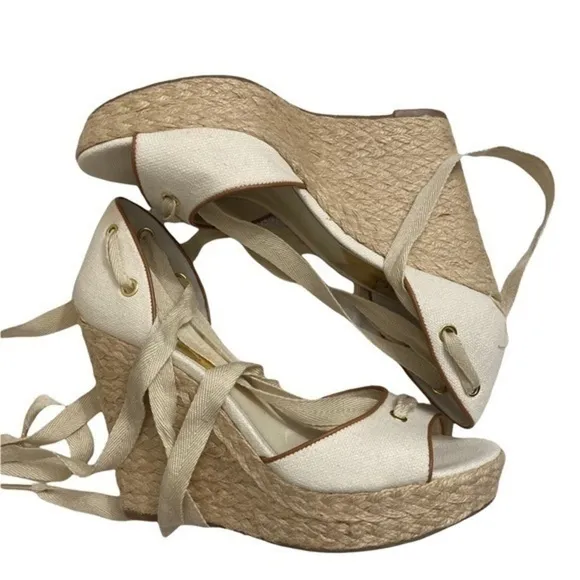 Michael kors cream beige canvas platform peep hole open toe shoes high heels