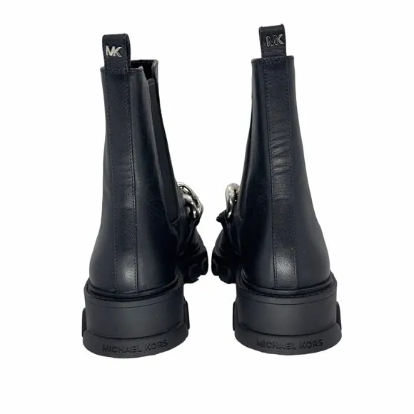 🤩MICHAEL KORS Scarlett Womens leather Chelsea boots Sz 7.5 Black Silver Chain🤩