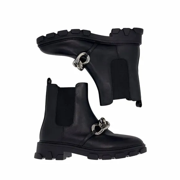 🤩MICHAEL KORS Scarlett Womens leather Chelsea boots Sz 7.5 Black Silver Chain🤩