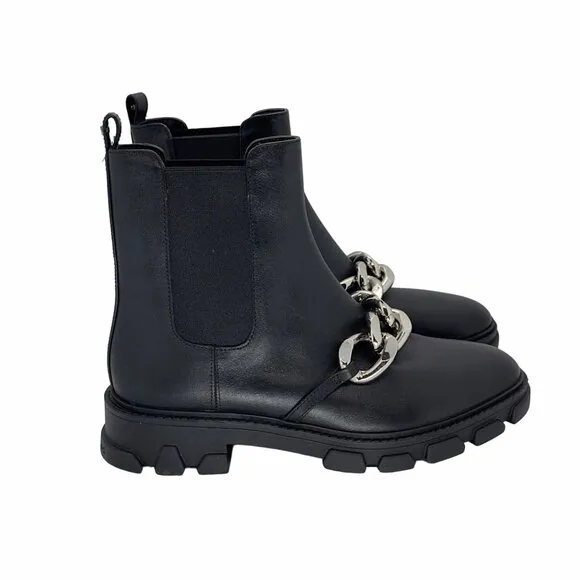🤩MICHAEL KORS Scarlett Womens leather Chelsea boots Sz 7.5 Black Silver Chain🤩