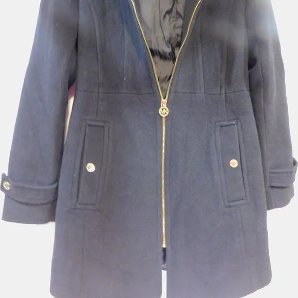 Michael Kors Women Black Trench Coat Wool Blend Jacket Removal Hood Jacket Small