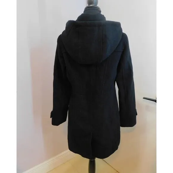 Michael Kors Women Black Trench Coat Wool Blend Jacket Removal Hood Jacket Small