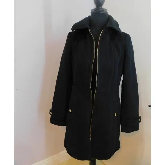 Michael Kors Women Black Trench Coat Wool Blend Jacket Removal Hood Jacket Small