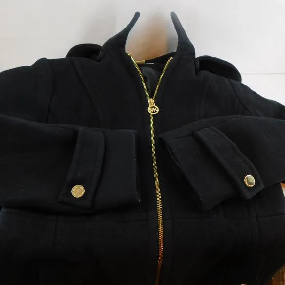 Michael Kors Women Black Trench Coat Wool Blend Jacket Removal Hood Jacket Small