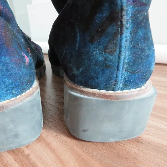 MIISTA Velvet Velveteen Floral Pull On Lug Booties Boots Boho Hippie Sz 7.5