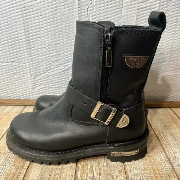 Milwaukee Double-Zip Buckle Strap MotorCycle Riding Boots Size 6.5C