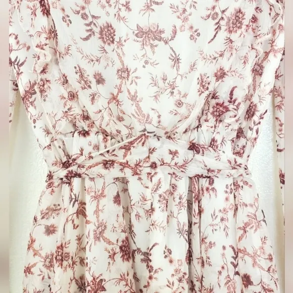 Minkpink Tiered Floral Ruffled Mini Dress Pink Sheer Long Sleeve High Neck XS