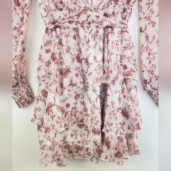 Minkpink Tiered Floral Ruffled Mini Dress Pink Sheer Long Sleeve High Neck XS