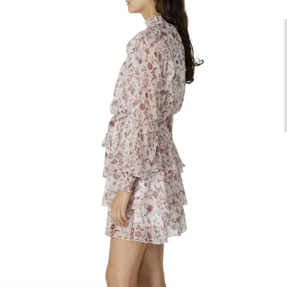 Minkpink Tiered Floral Ruffled Mini Dress Pink Sheer Long Sleeve High Neck XS