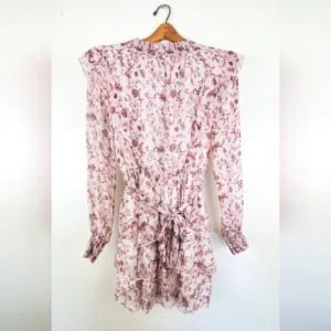 Minkpink Tiered Floral Ruffled Mini Dress Pink Sheer Long Sleeve High Neck XS