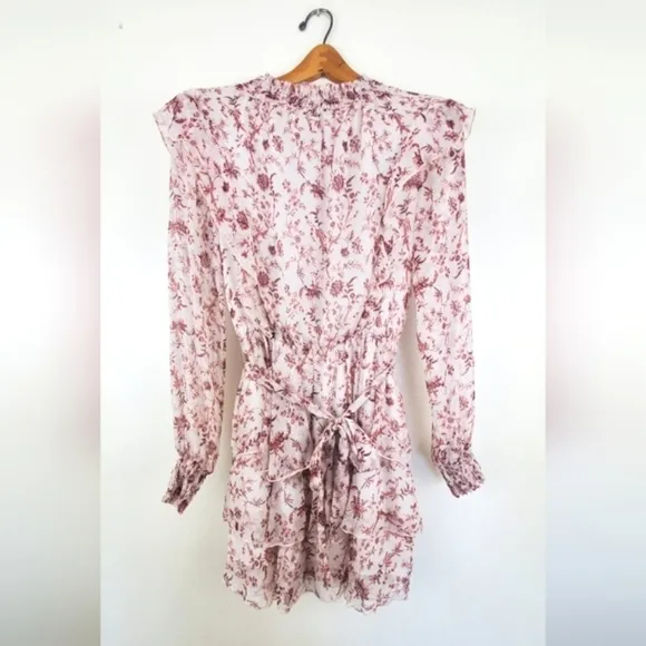 Minkpink Tiered Floral Ruffled Mini Dress Pink Sheer Long Sleeve High Neck XS