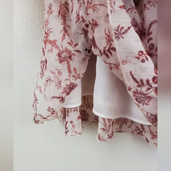 Minkpink Tiered Floral Ruffled Mini Dress Pink Sheer Long Sleeve High Neck XS