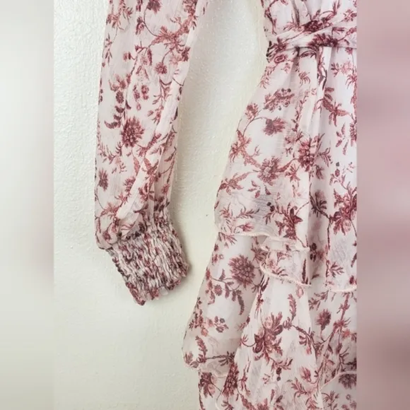 Minkpink Tiered Floral Ruffled Mini Dress Pink Sheer Long Sleeve High Neck XS