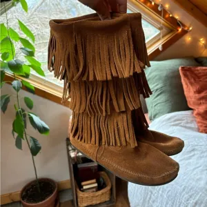 Minnetonka Tall Brown Suede Fringe Moccasin Boots