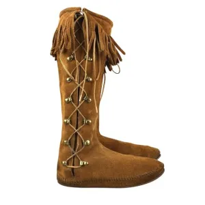 Minnetonka VTG Womens Size 7 Brown Suede Fringe Lace-Up Knee High Festival Boots
