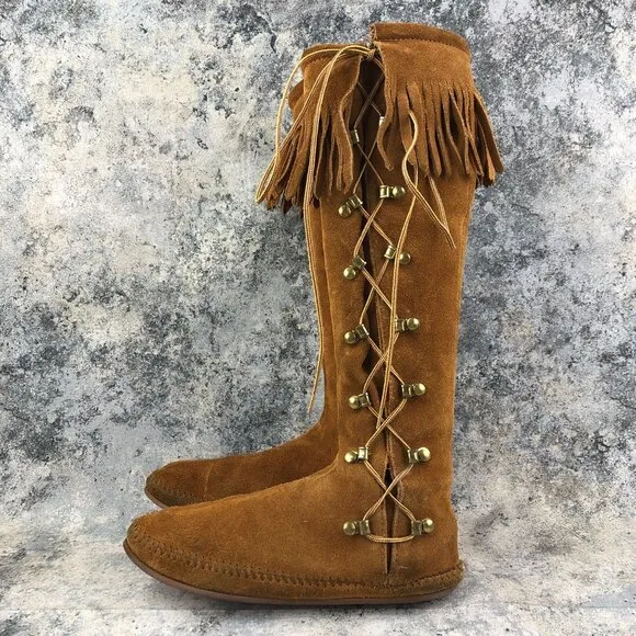Minnetonka VTG Womens Size 7 Brown Suede Fringe Lace-Up Knee High Festival Boots