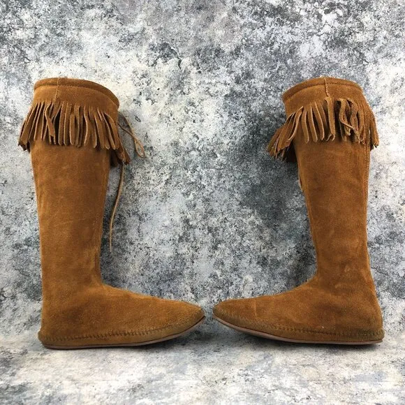Minnetonka VTG Womens Size 7 Brown Suede Fringe Lace-Up Knee High Festival Boots