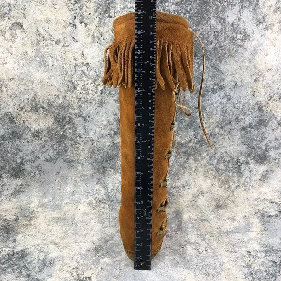 Minnetonka VTG Womens Size 7 Brown Suede Fringe Lace-Up Knee High Festival Boots