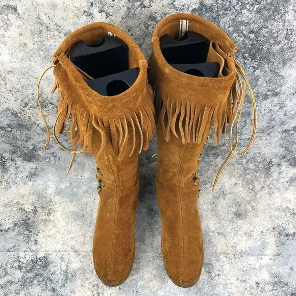 Minnetonka VTG Womens Size 7 Brown Suede Fringe Lace-Up Knee High Festival Boots
