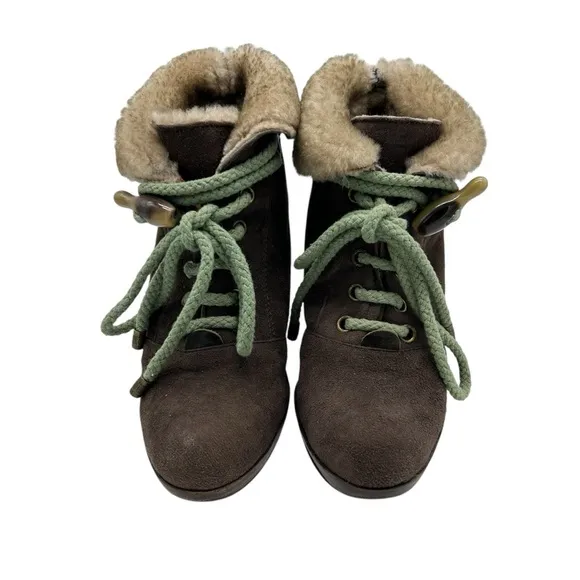 Miss L Fire London Booties Womens Size 8.5 Brown Suede Faux Fur Edgy Boho Artsy