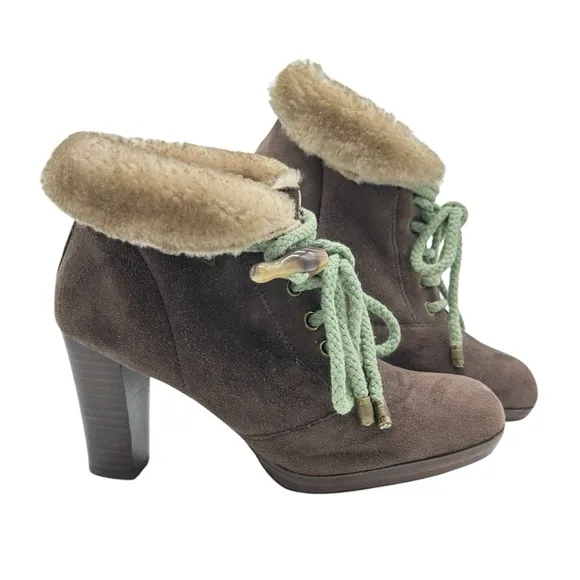 Miss L Fire London Booties Womens Size 8.5 Brown Suede Faux Fur Edgy Boho Artsy