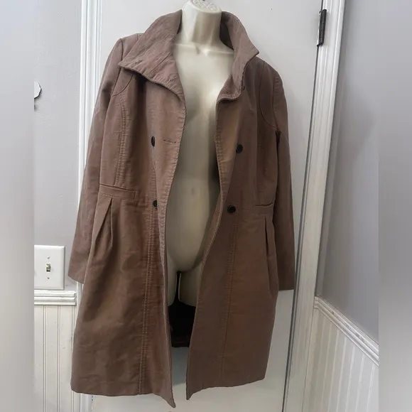 MNG by Mango Women’s L Brown Double-Breasted Military Trench Coat Jacket Chic