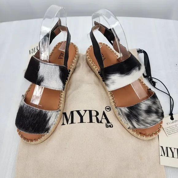 MYRA BAG Mignon Espadrille Hair-On Black &amp; White Western Sandals 6-10 NWT