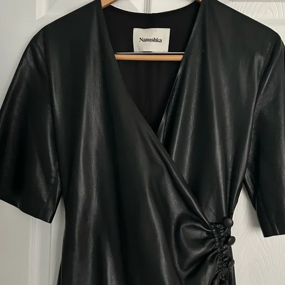 Nanushka Helisa Black Vegan Leather Ruched Midi Dress s Women’s Size S