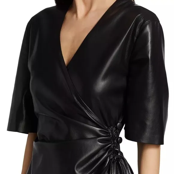 Nanushka Helisa Black Vegan Leather Ruched Midi Dress s Women’s Size S