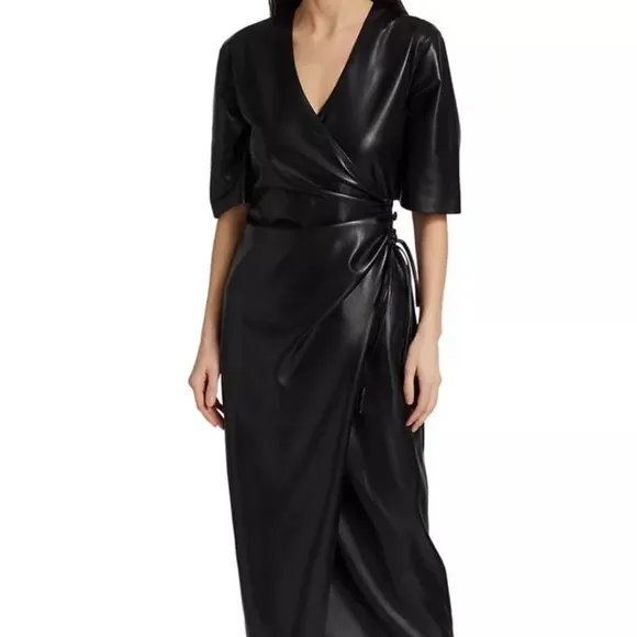 Nanushka Helisa Black Vegan Leather Ruched Midi Dress s Women’s Size S
